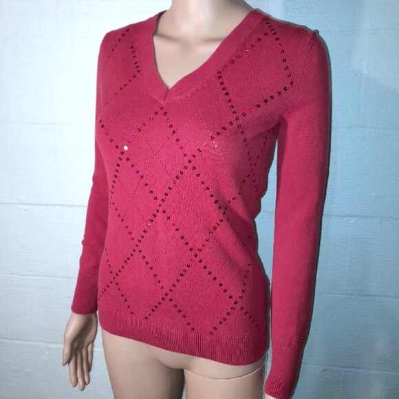 Tommy Hilfiger Women's XS Red Sparkle Sequin Argyle Vneck Sweater Holiday Y2K - Picture 2 of 9